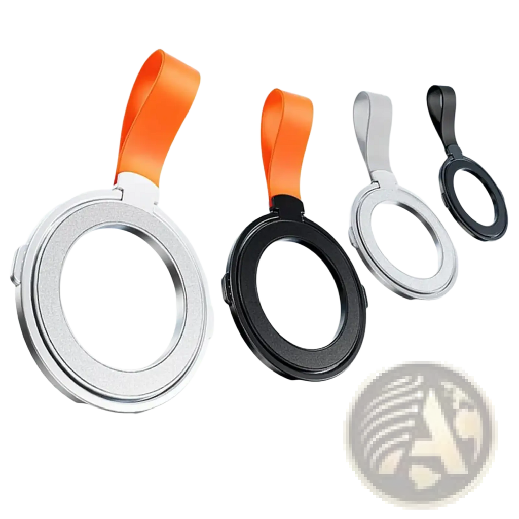 Silver and black magnetic phone ring holders with orange silver and black fabric loops for magsafe compatibility