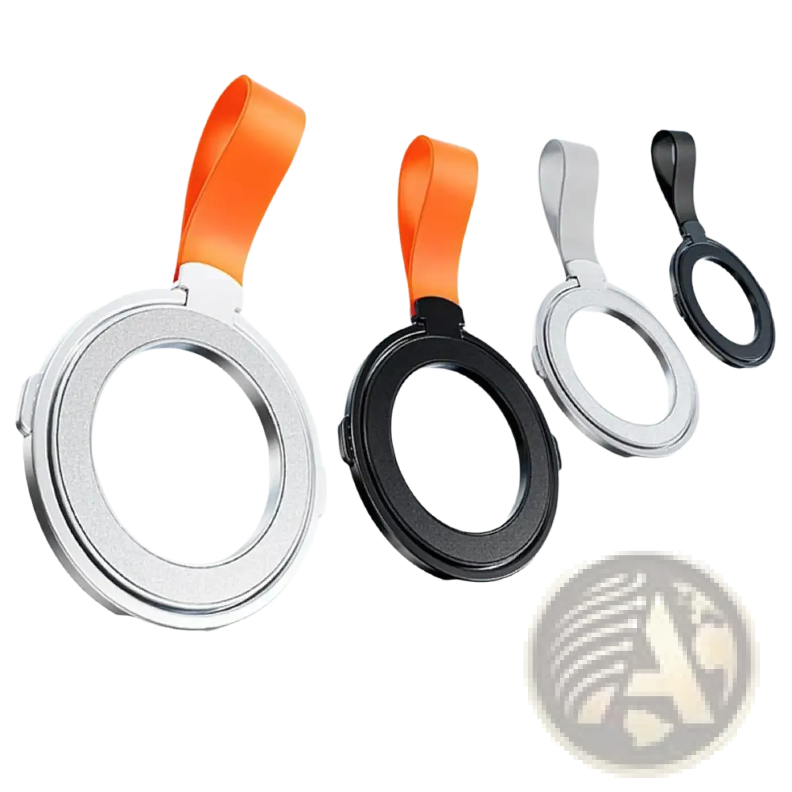Silver and black magnetic phone ring holders with orange silver and black fabric loops for magsafe compatibility