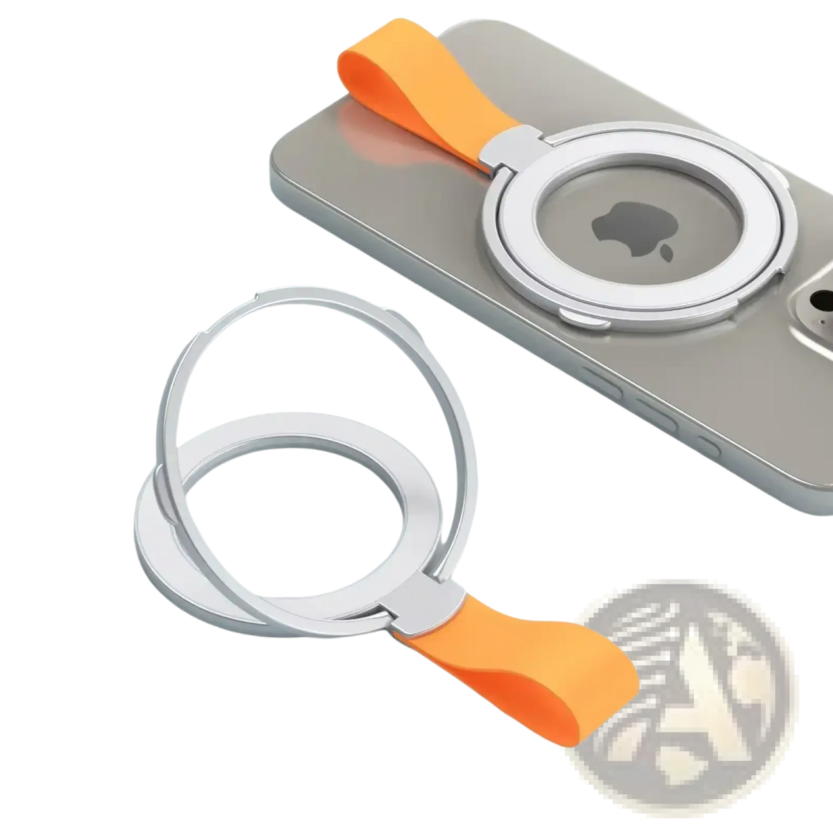 Silver magnetic phone ring holder with orange silicone strap for Magsafe shown from the back side