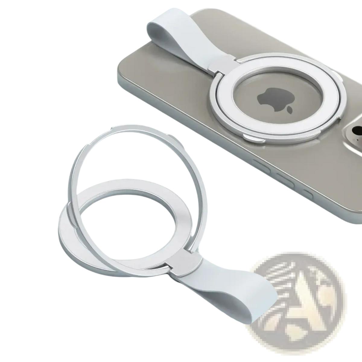 Silver magnetic phone ring holder with sleek minimalist design and soft white silicone strap for magsafe use