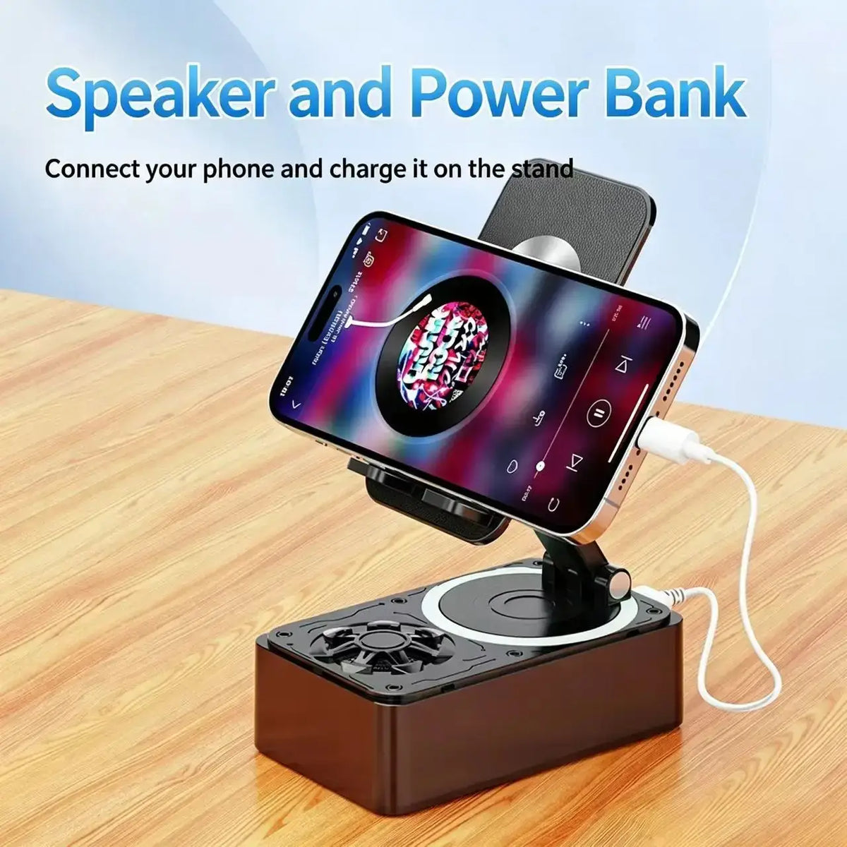 Black magnetic phone stand with bluetooth speaker and power bank featuring adjustable holder in matte finish