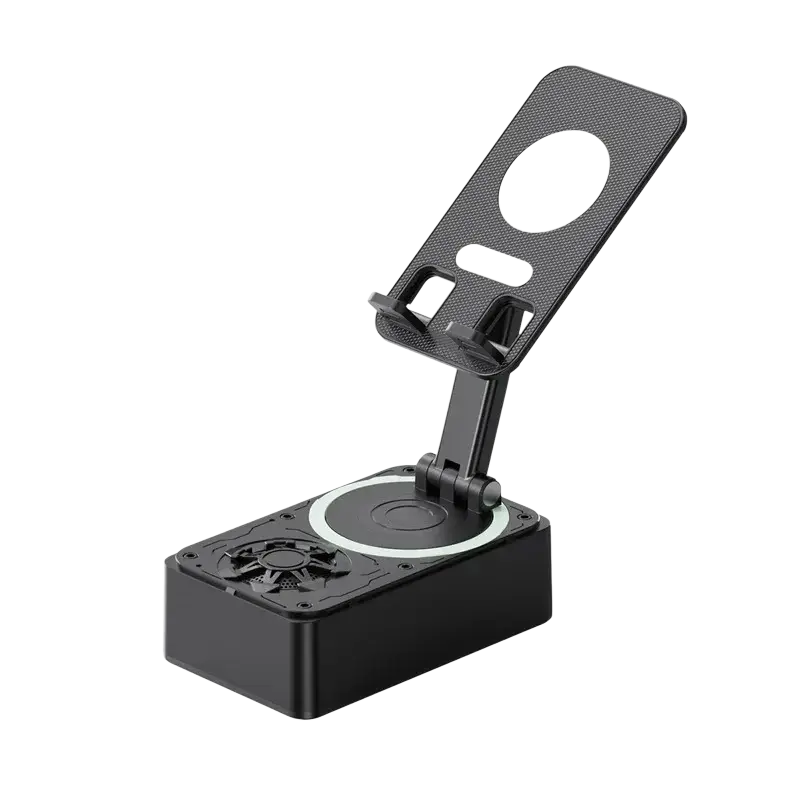 Black foldable magnetic phone stand with textured surface and circular charging pad for wireless power bank use