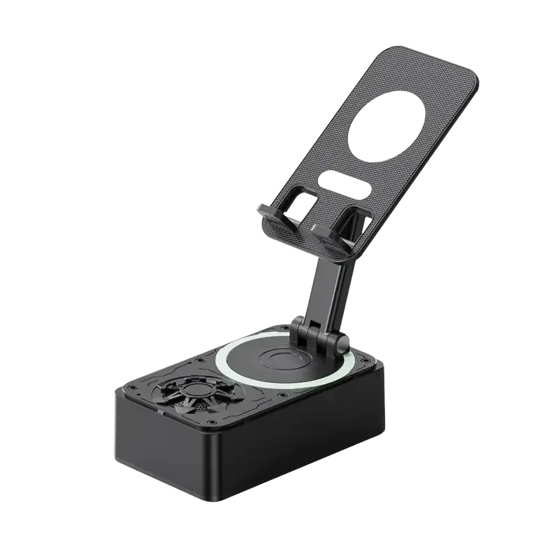 Black foldable magnetic phone stand with textured surface and circular magnetic charging pad on base