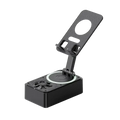Black foldable magnetic phone stand with textured surface and circular magnetic charging pad on base