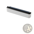 White plastic food vacuum sealer with black top and blue sealing strip in magnetic plastic film cutter and wrap dispenser