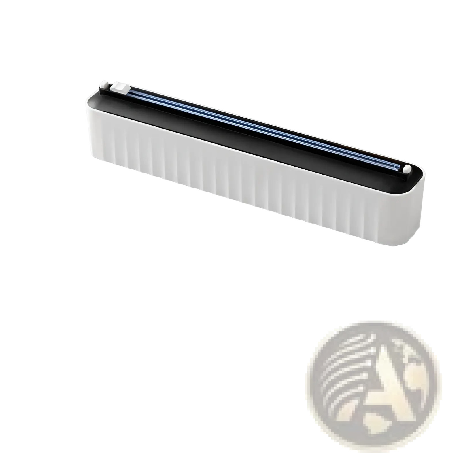 White plastic food vacuum sealer with black top and blue sealing strip in magnetic plastic film cutter and wrap dispenser