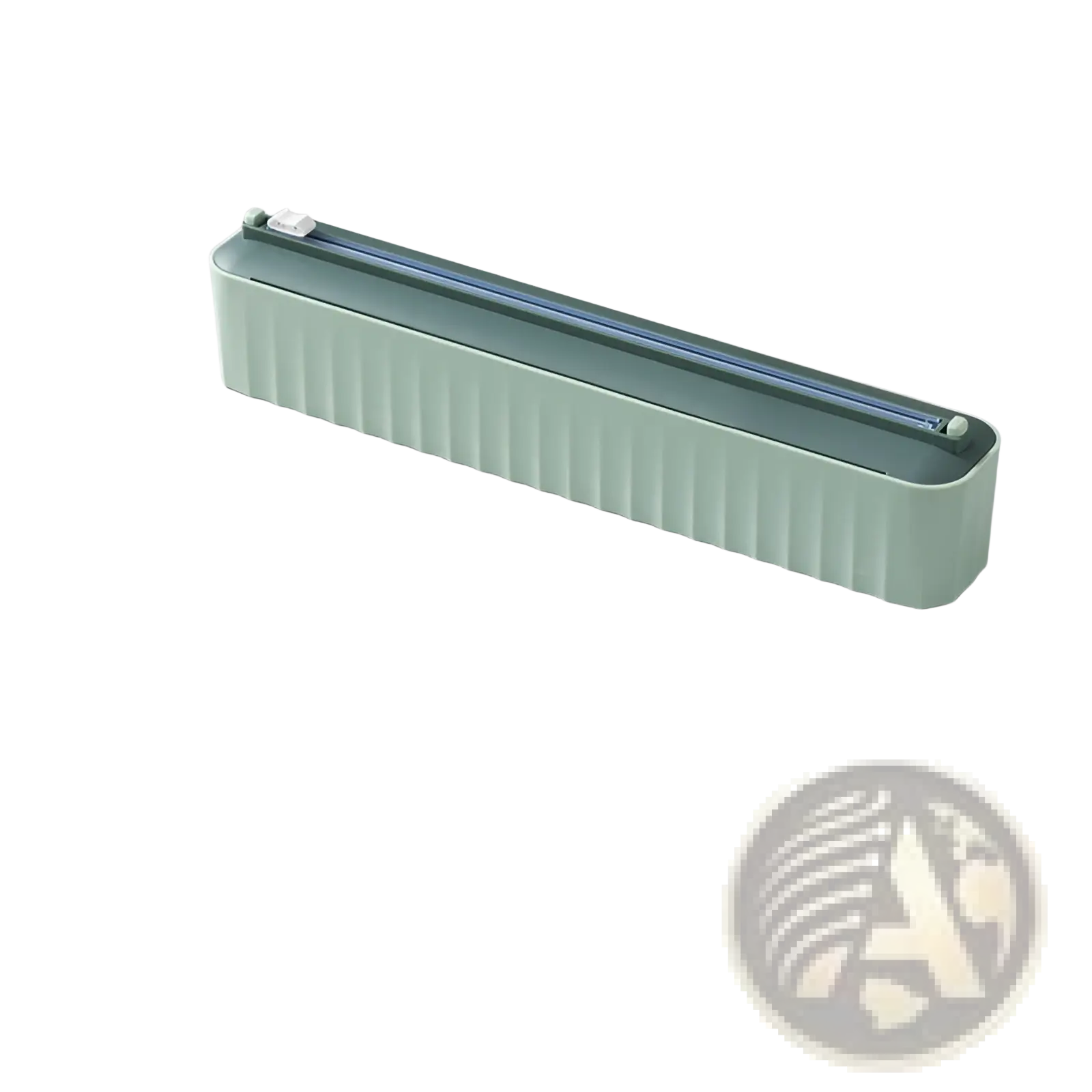 Mint green plastic magnetic food wrap dispenser with ribbed texture and blue transparent seal strip for film cutting