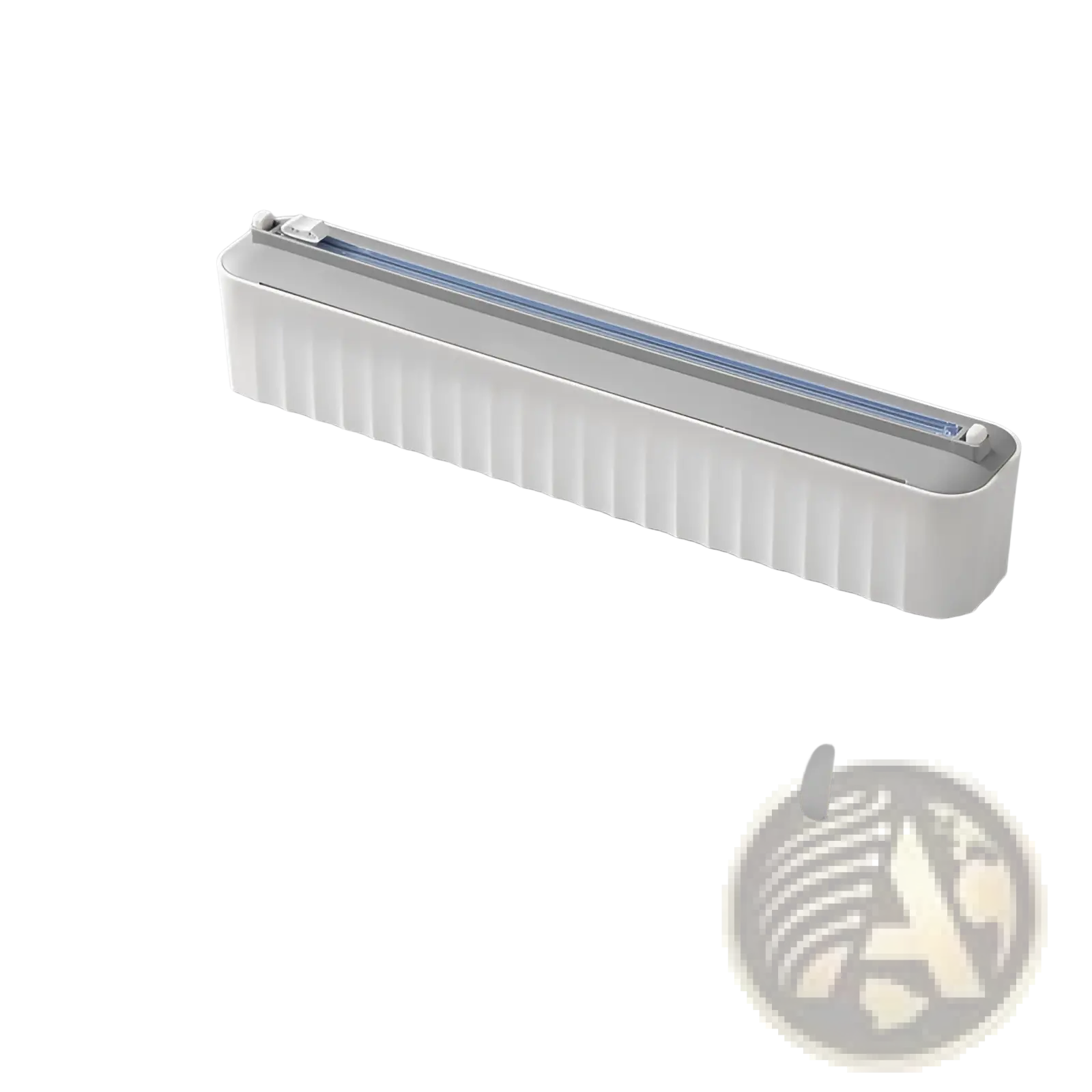 White plastic magnetic plastic film cutter and wrap dispenser with sleek ribbed design and transparent blue cling film roll inside