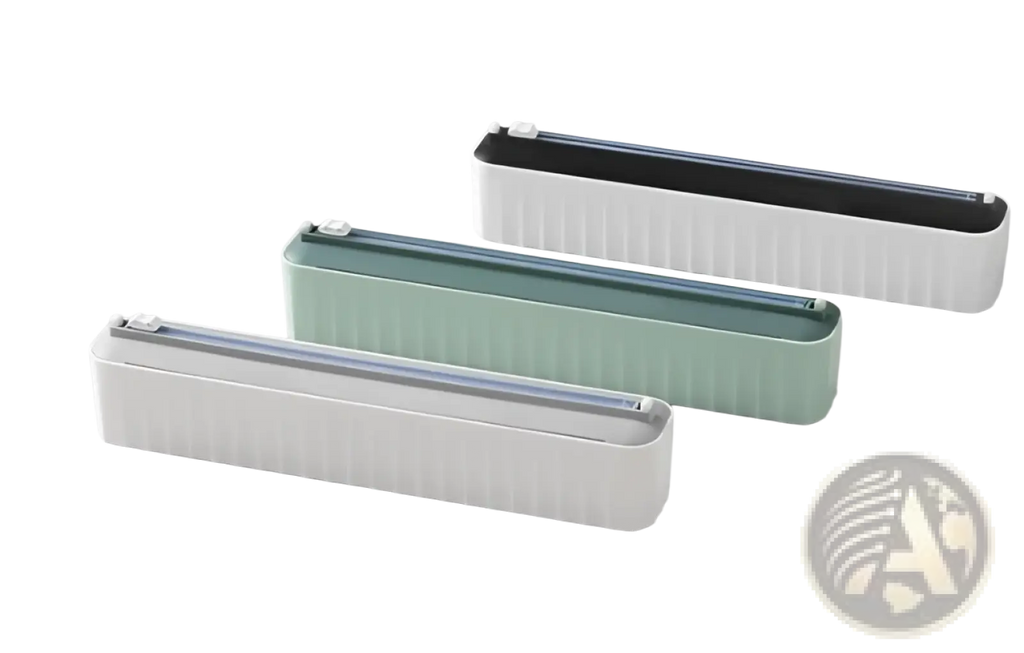 Set of three magnetic plastic film cutter and wrap dispenser covers in white mint green and black ribbed plastic material
