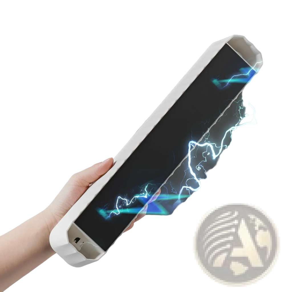 White rectangular magnetic plastic film cutter and wrap dispenser with black screen showing blue and white lightning bolt graphics