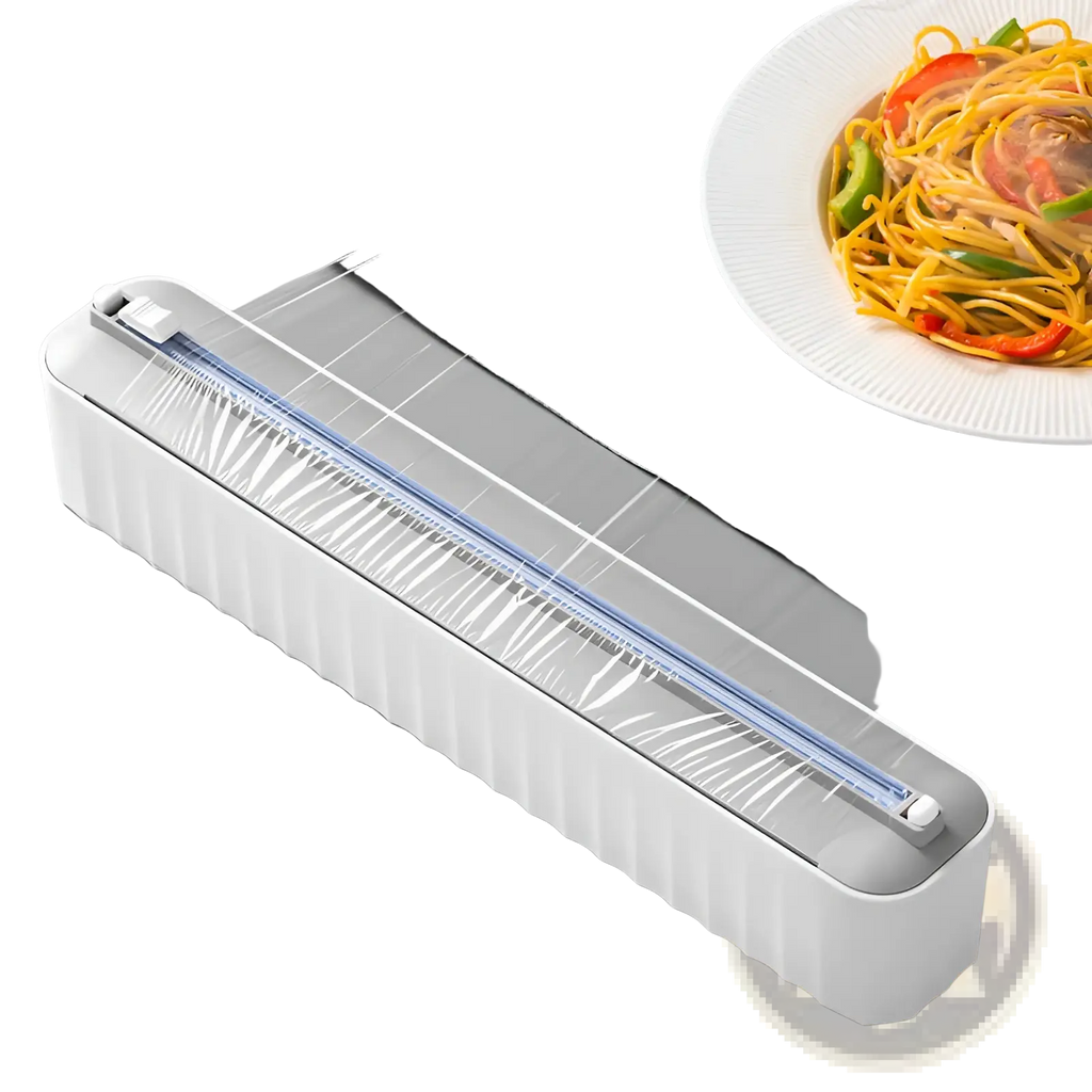 Magnetic plastic film cutter and wrap dispenser in white plastic with clear ribbed design and blue internal mechanism