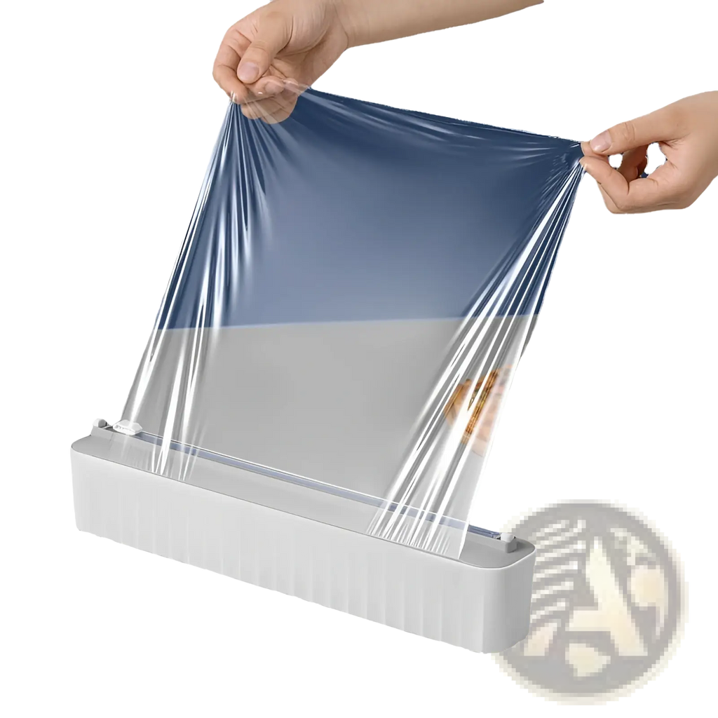 White plastic magnetic plastic film cutter and wrap dispenser with transparent slightly blue-tinted cling film roll