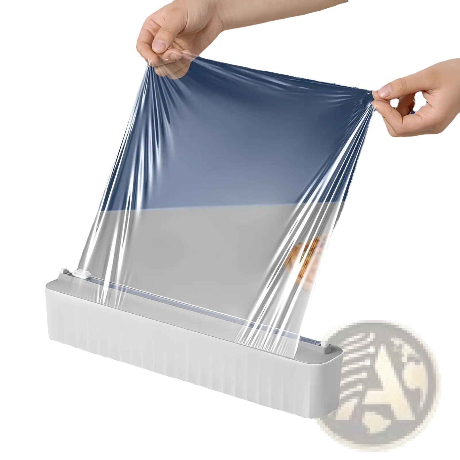 White plastic magnetic plastic film cutter and wrap dispenser with transparent slightly blue-tinted cling film roll
