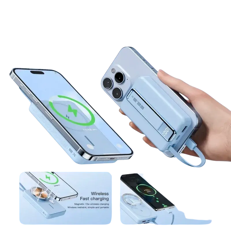 Light blue magnetic power bank 10000mah 20w fast charging pad with built-in phone stand and 5v=3a 9v=2a output
