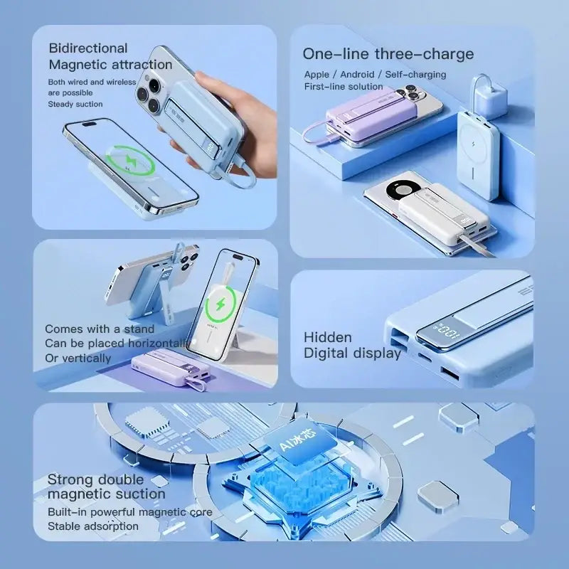Light blue magnetic power bank 10000mah with built-in charging 5v=3a 9v=2a and hidden digital display phone stand