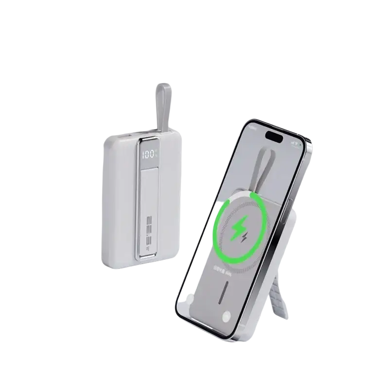 White rectangular magnetic power bank 10000mah 20w fast charging with digital display 100 percent 5v=3a and 9v=2a