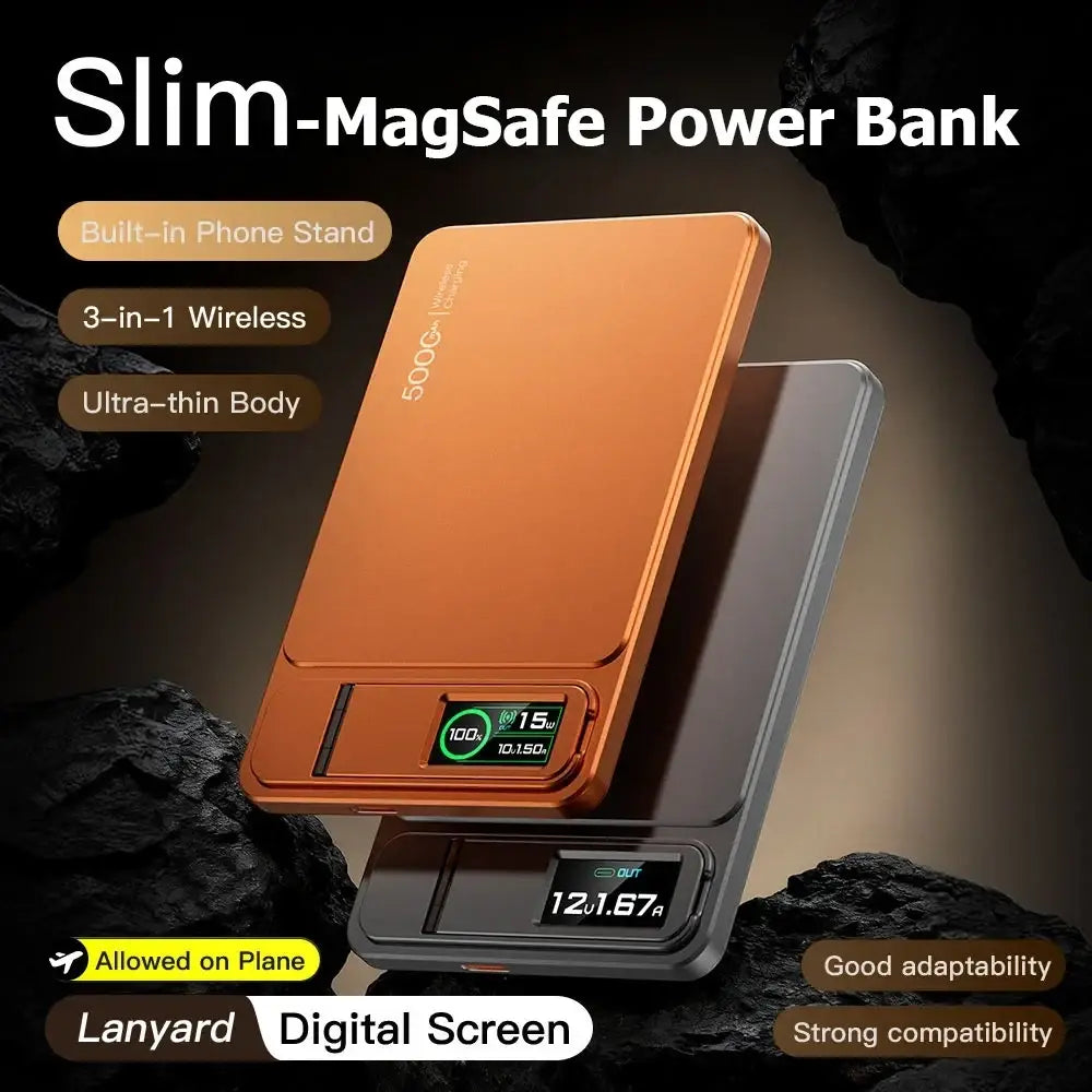 Orange slim magnetic power bank 10000mah with quick charge digital screen and built-in phone stand for wireless charging