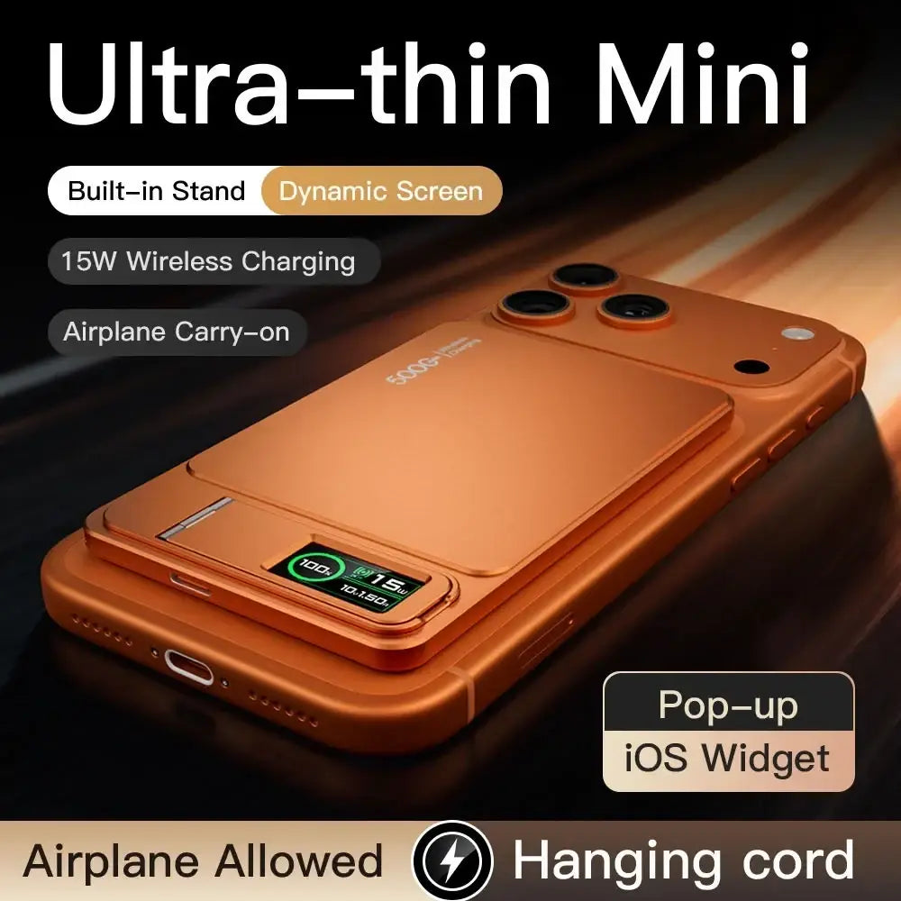 Orange metallic ultra-thin mini phone case with built-in stand and dynamic screen for magnetic power bank quick charge use