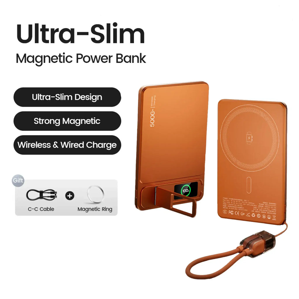 Orange ultra-slim magnetic power bank 10000mah with quick charge wireless charging pad and included c-c cable