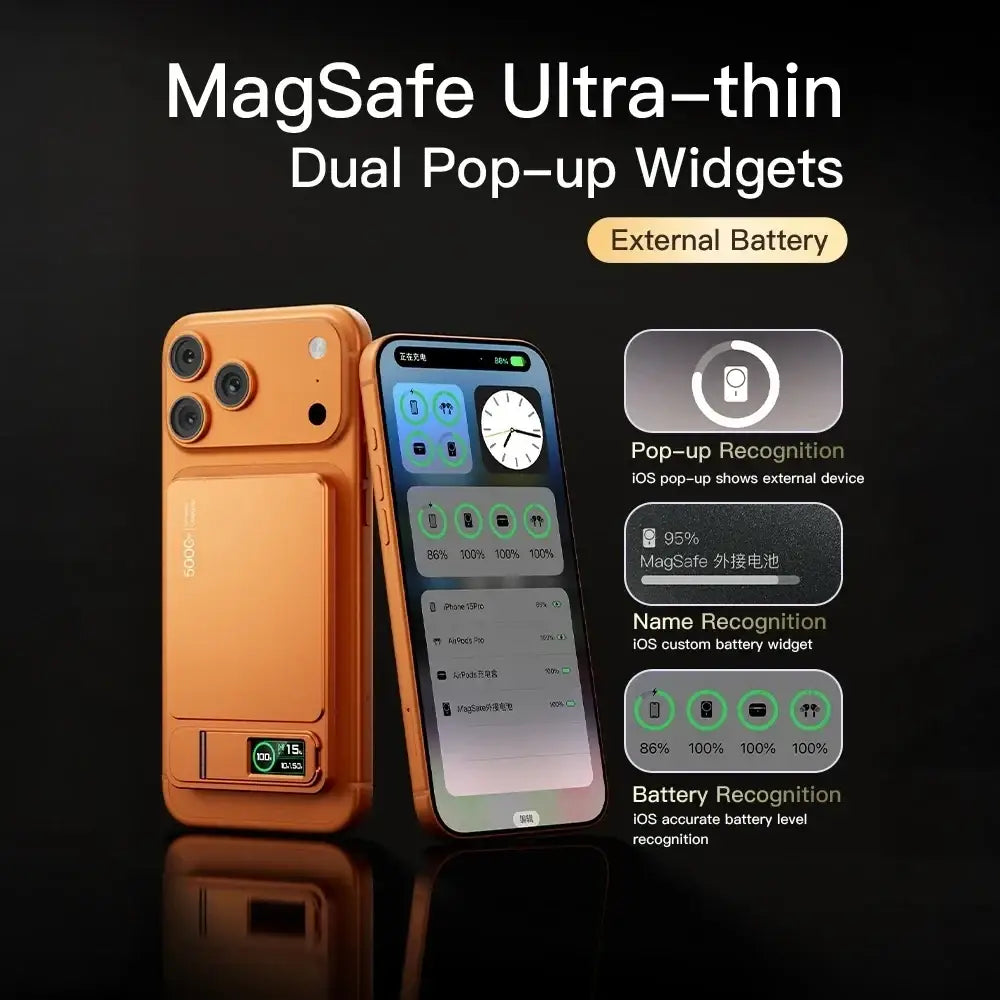 Orange magsafe ultra-thin dual pop-up widgets external battery case for iphone with magnetic power bank quick charge