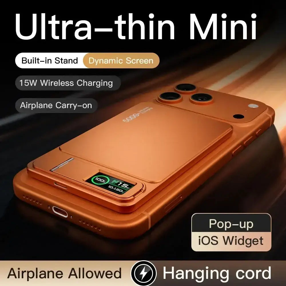 Orange metallic ultra-thin mini phone case with built-in stand and dynamic screen for magnetic power bank quick charge use