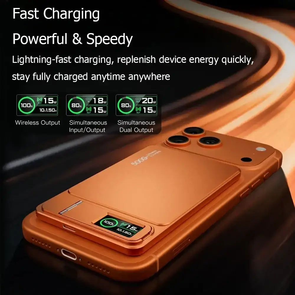 Orange metallic magnetic power bank 10000mah quick charge phone case with wireless charging pad and dual output ports