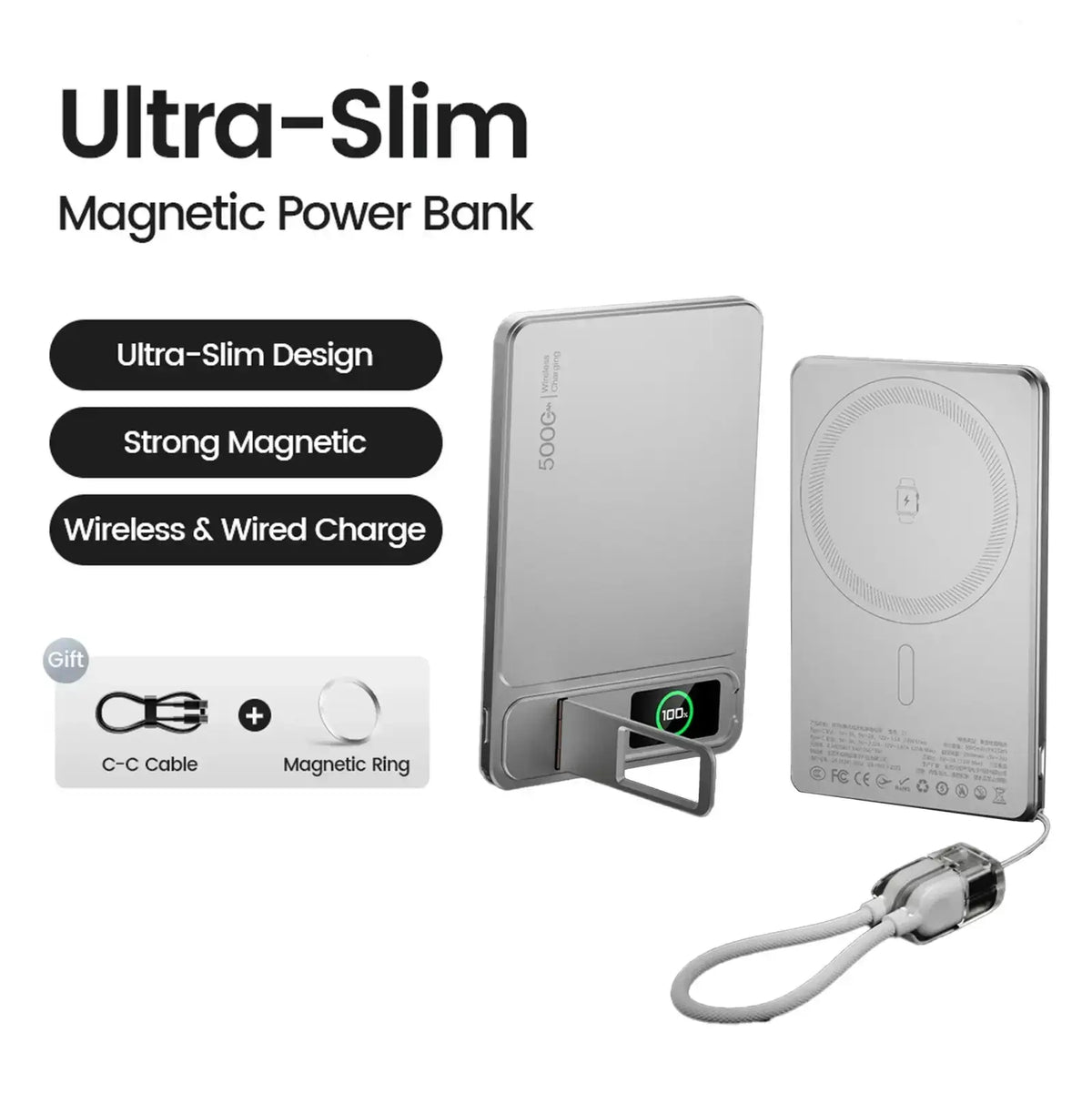 Silver ultra-slim magnetic power bank with 5000mah capacity wireless charging pad and quick charge feature