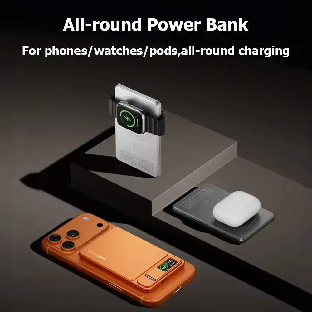 White rectangular magnetic power bank 10000mah with quick charge wireless charger and integrated clip for phones or watches