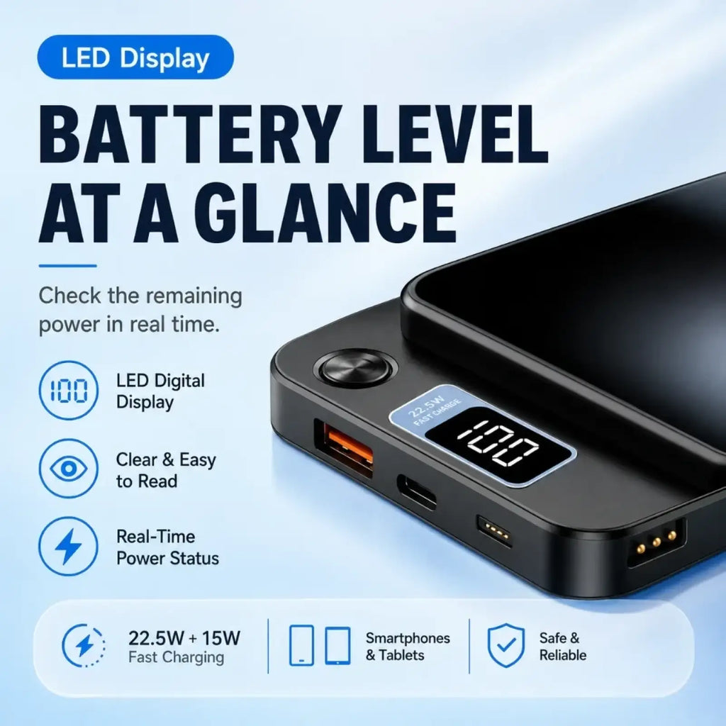 Black rectangular magnetic power bank 20000mah with digital led display showing 100 percent battery and multiple usb ports for fast charging