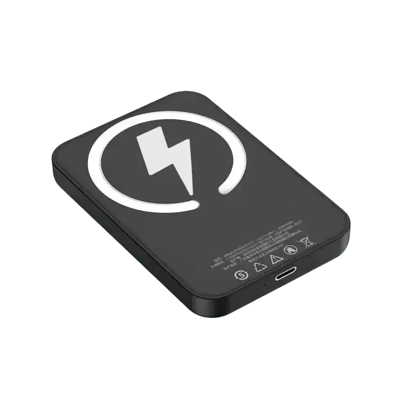 Black rectangular magnetic power bank with white lightning bolt symbol for fast charging and magnetic suction