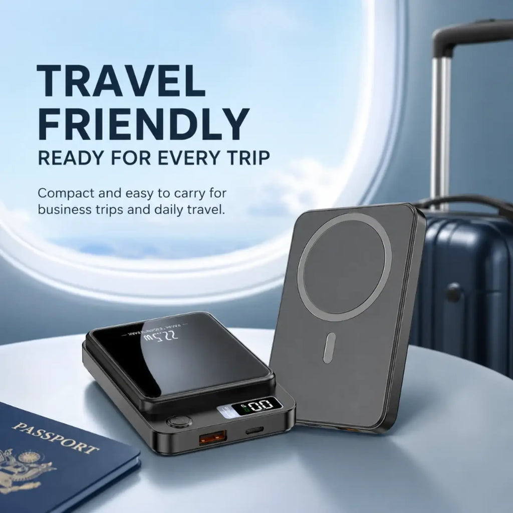 Black rectangular magnetic power bank 20000mah with digital display and usb ports next to gray magnetic charging pad