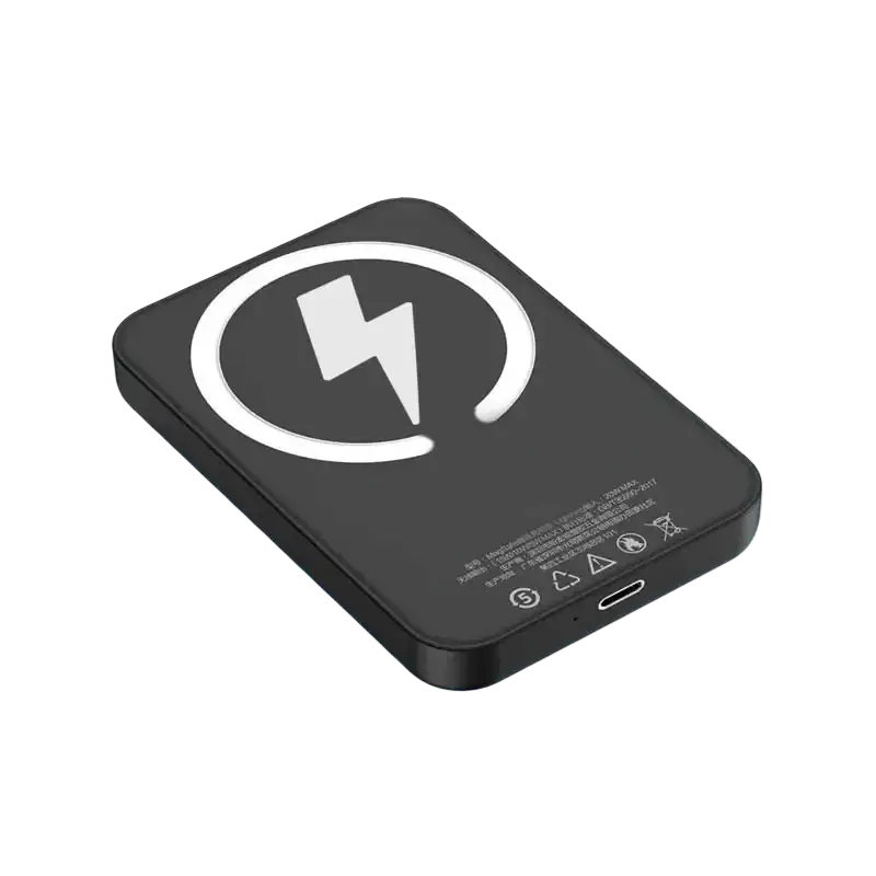 Black rectangular magnetic power bank with fast charging usb-c port and white lightning bolt for magnetic suction