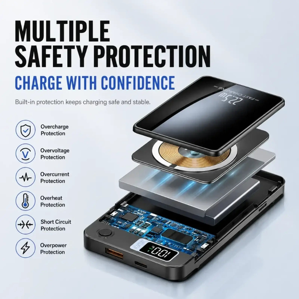 Black magnetic power bank 20000mah with wireless charging digital display and multiple safety protection features