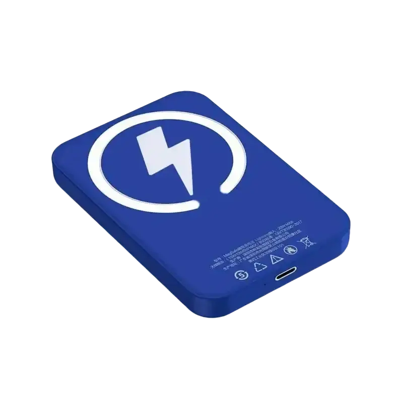 Blue rectangular magnetic power bank 20000mah with white wireless charging symbol for fast charging and magnetic suction