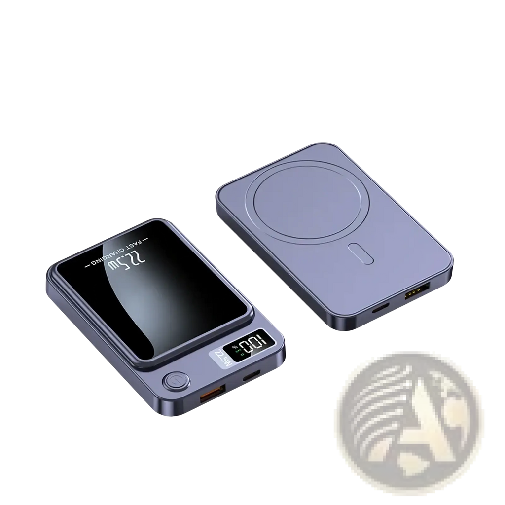 A sleek dark gray magnetic power bank 20000mah with built-in digital display and fast charging pad