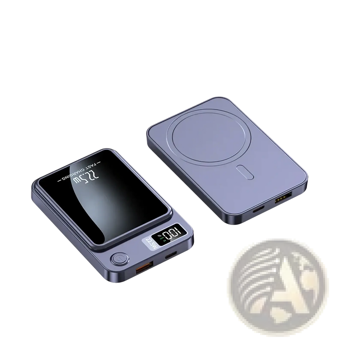 A sleek dark gray magnetic power bank 20000mah with built-in digital display and fast charging pad