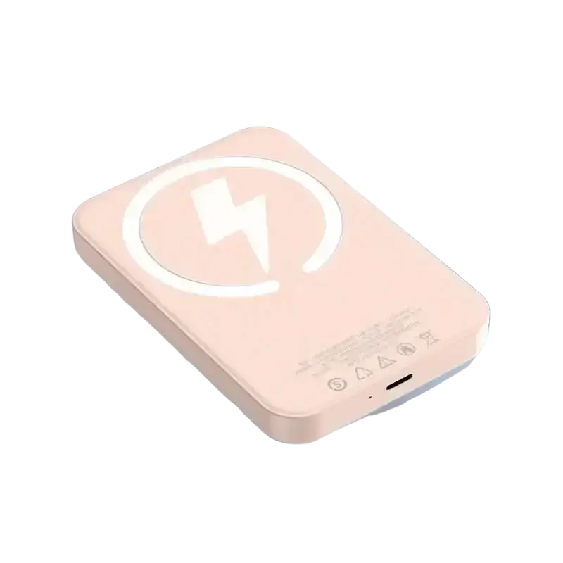 A sleek blush pink magnetic power bank 20000mah fast charging pad with minimalist white lightning bolt logo and rounded edges