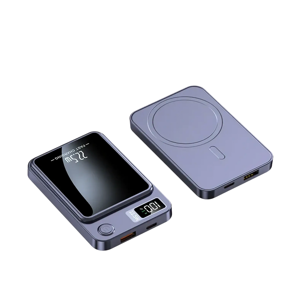 A sleek dark gray magnetic power bank 20000mah with built-in digital display and fast charging pad