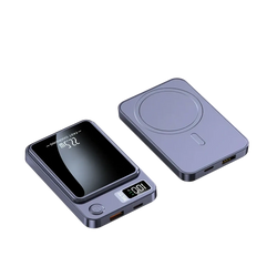 A sleek dark gray magnetic power bank 20000mah with built-in digital display and fast charging pad