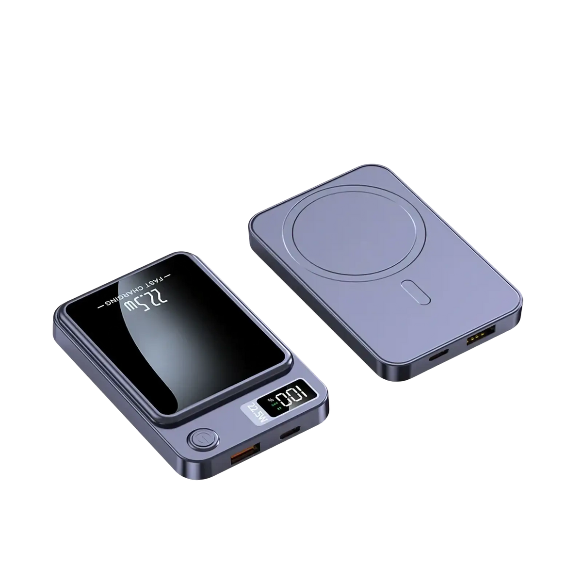 A sleek dark gray magnetic power bank 20000mah with built-in digital display and fast charging pad