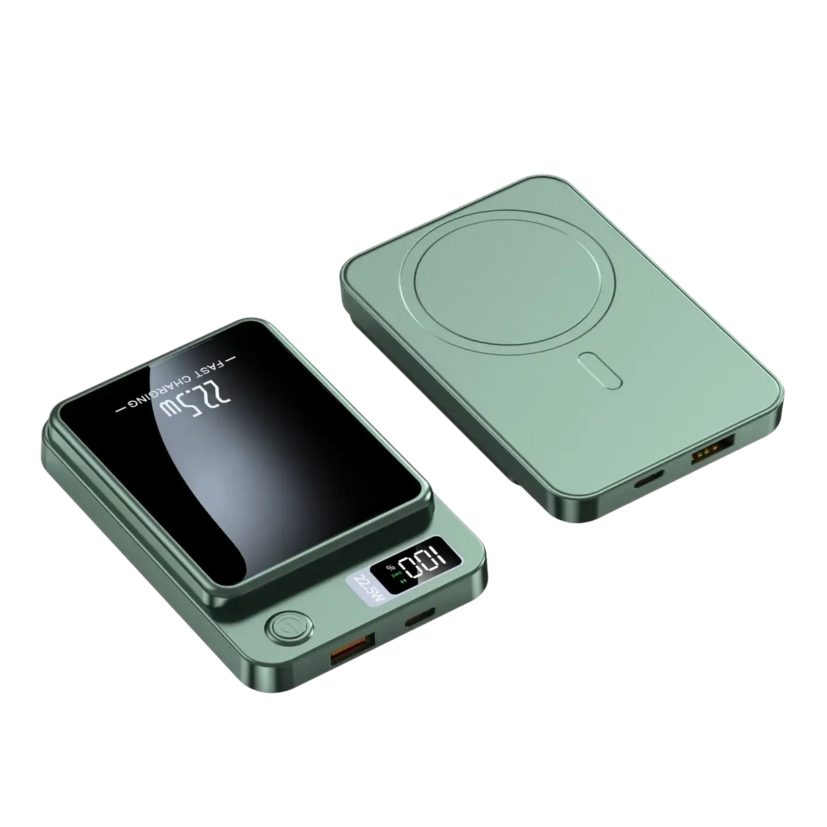 The back side of a sleek matte sage green magnetic power bank 20000mah fast charging with dual usb ports and circular magnetic pad