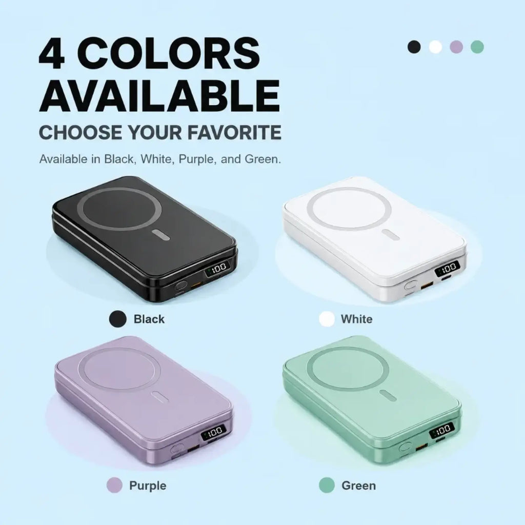 A sleek rectangular magnetic power bank 20000mah with matte finish and circular wireless charging pad on top surface