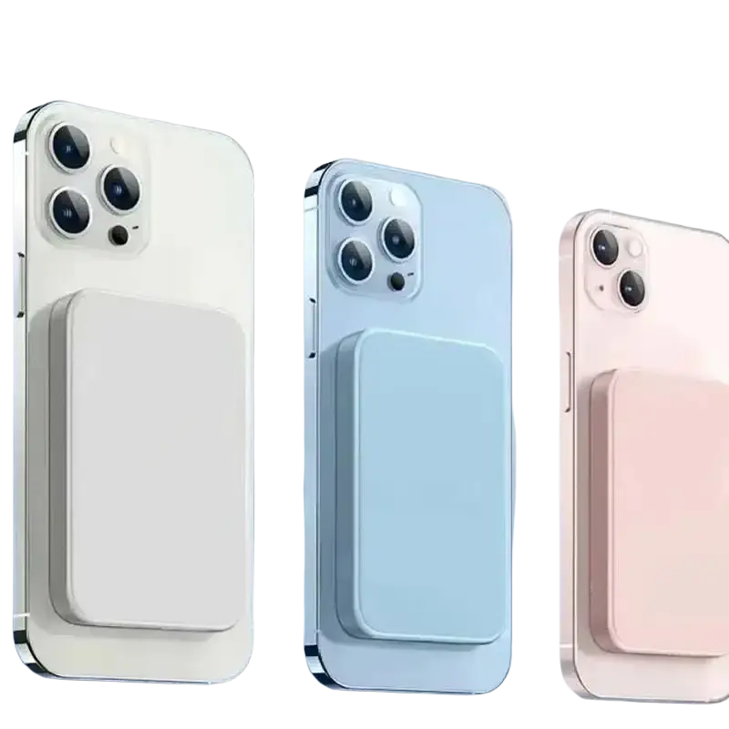 Three iphone models with matching white light blue and rose gold magnetic suction power bank for fast charging