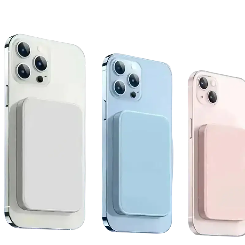 Three smartphones with matching magnetic suction power bank mounts in white light blue and blush pink for fast charging