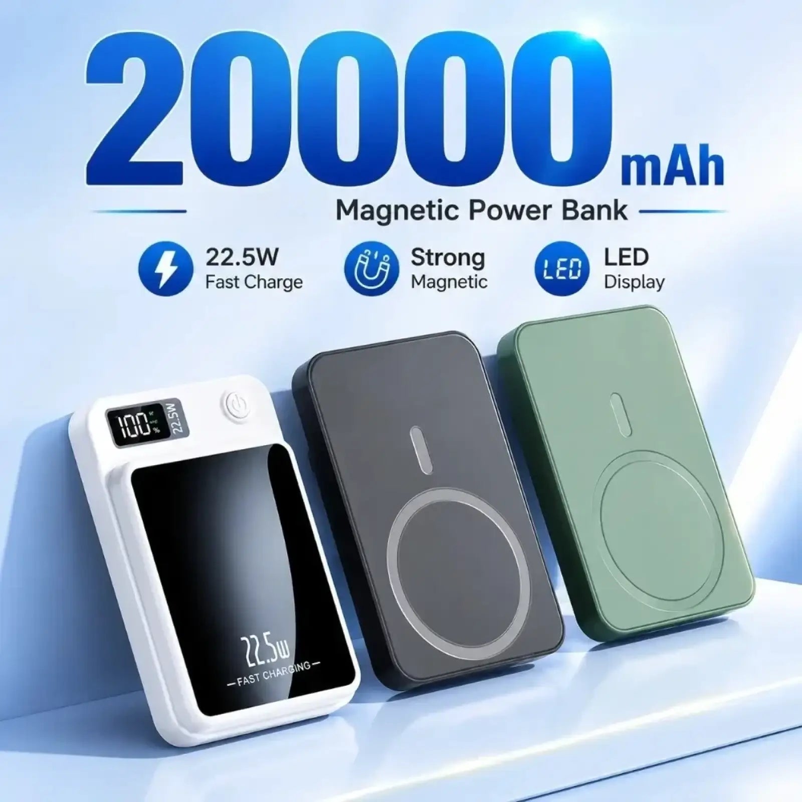 White rectangular magnetic power bank 20000mah with digital led display 100 percent charge and 22.5w fast charging