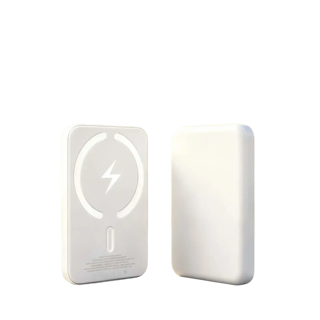 White rectangular magnetic power bank 20000mah with fast charging and minimalist lightning bolt emblem design