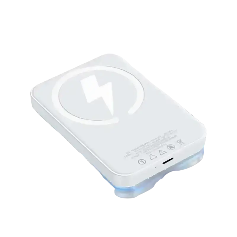 White rectangular magnetic power bank 20000mah fast charging with blue glow and circular lightning bolt symbol