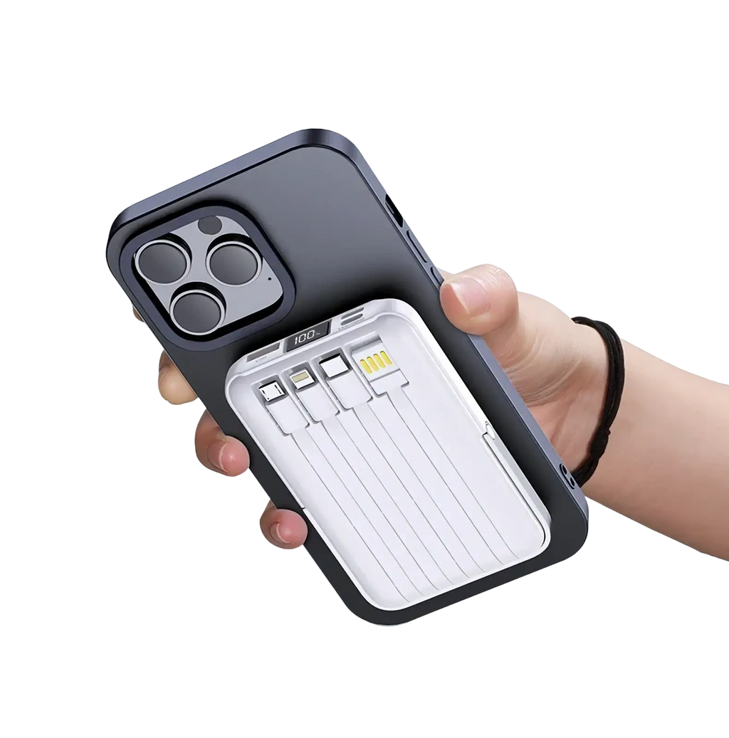 Black magnetic wireless charging phone case with white built-in power bank and multiple usb ports on back side
