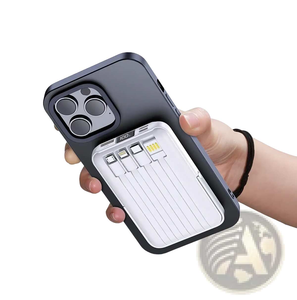 Black magnetic wireless charging phone case with white built-in power bank and multiple usb ports on back side