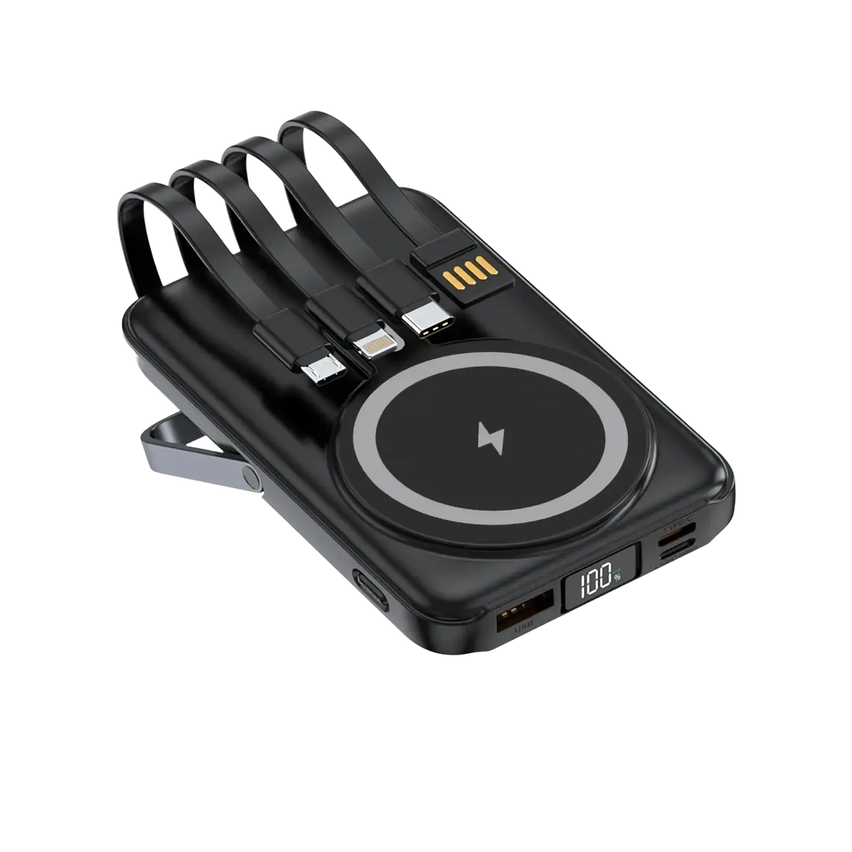 Black magnetic power bank 20000mah with built-in wireless charging pad, multiple usb ports, and bundled cables